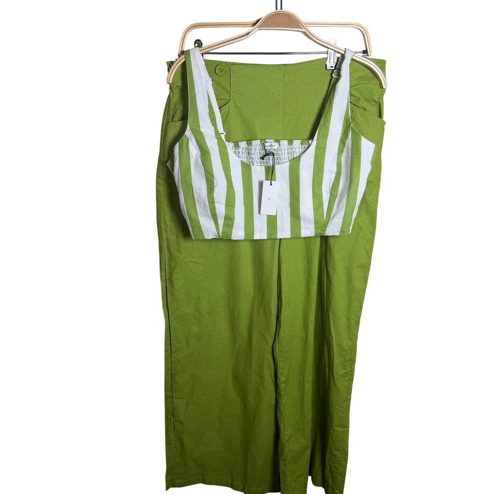 Hunter & Brown Premium Womens Lime Green Striped Crop Top Wide Leg Pant Set L